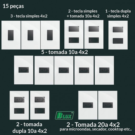 Tomadas Interruptores ( 15 Pçs ) Recta Branco com preto Tomadas Interruptores ( 15 Pçs ) Recta Branco com preto